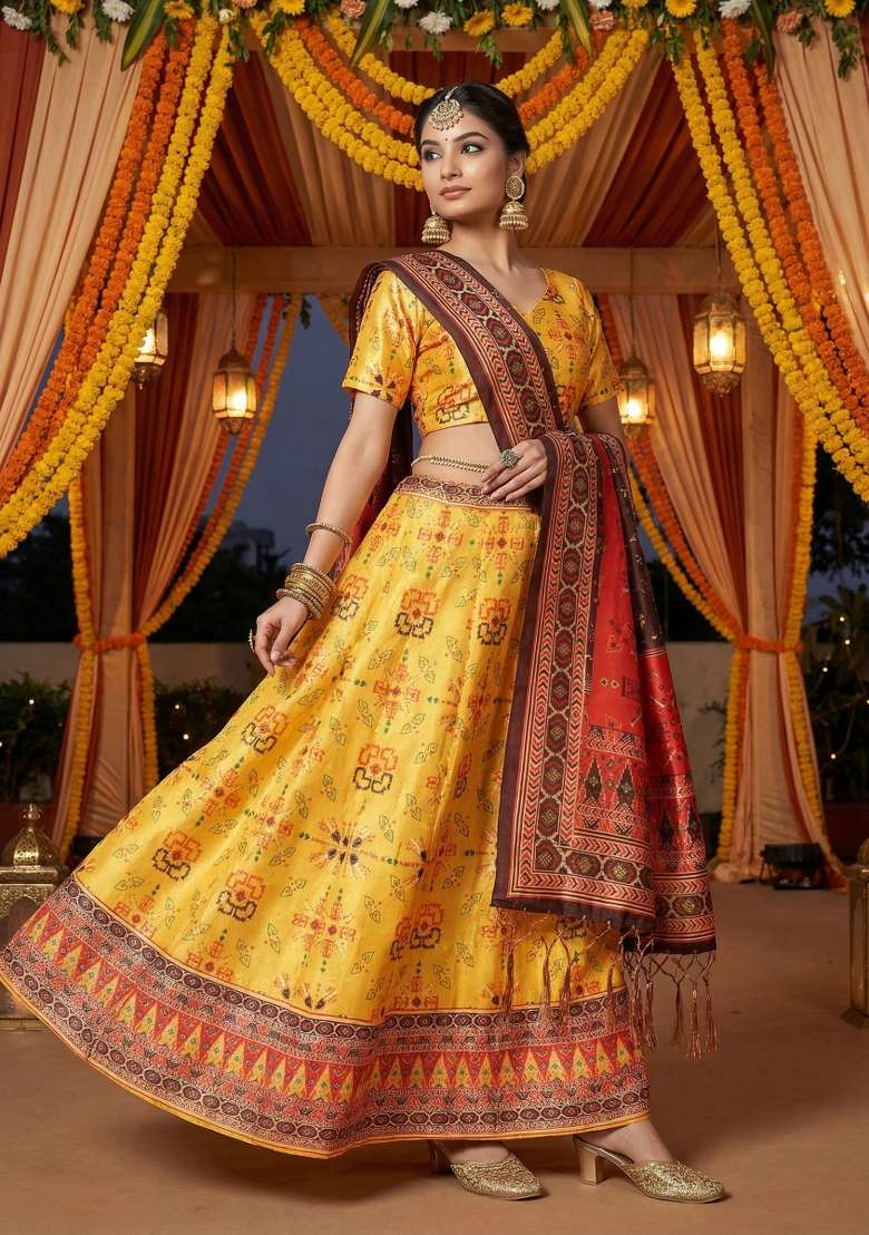 Yellow Satin Lehenga Set with Printed for Diwali | Wedding & Festive Wear - Indya