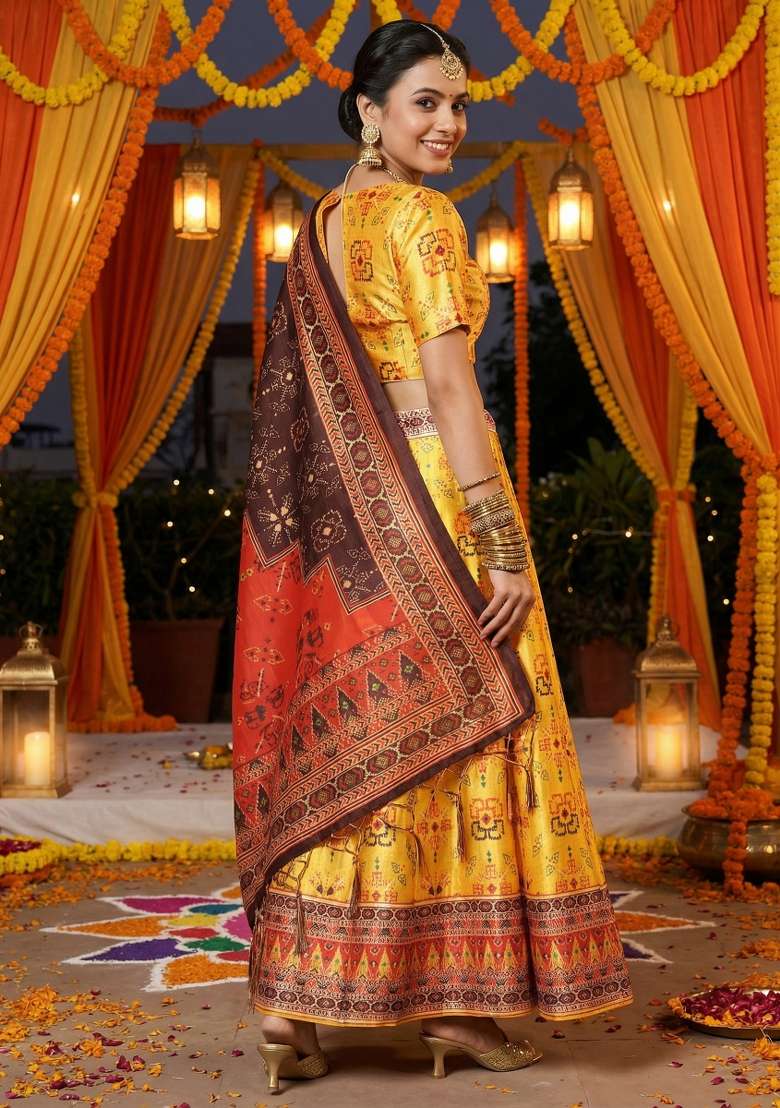 Yellow Satin Lehenga Set with Printed for Diwali | Wedding & Festive Wear - Indya