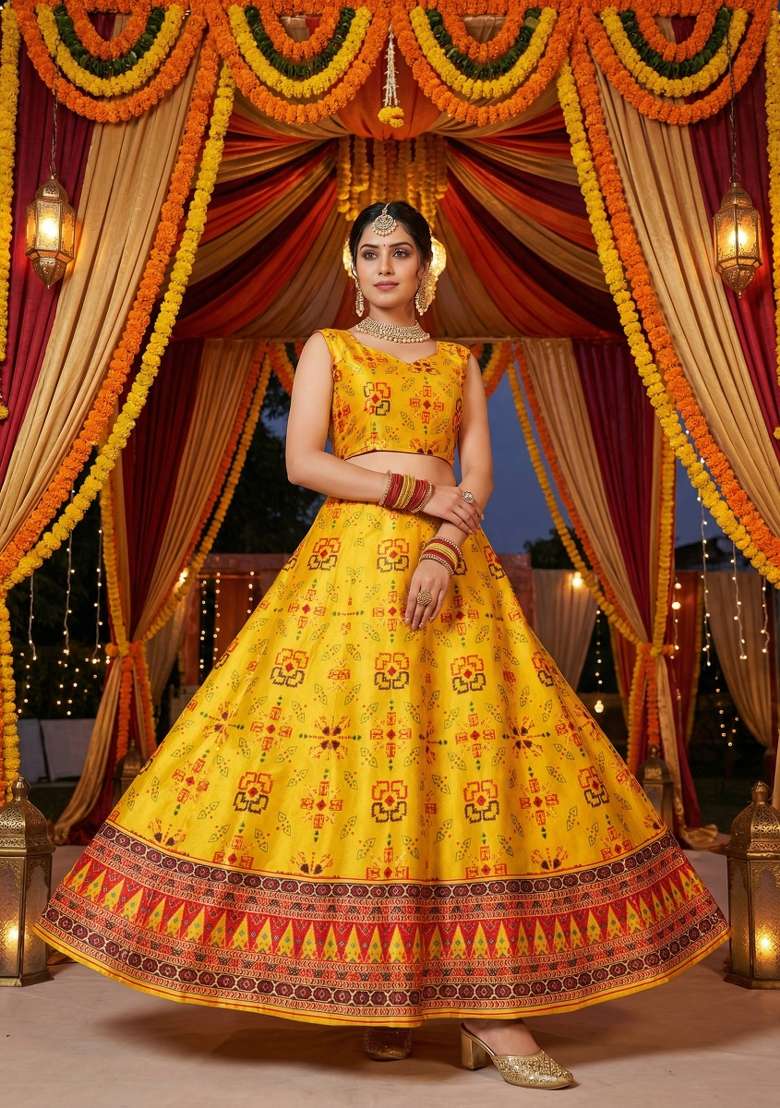 Yellow Satin Lehenga Set with Printed for Diwali | Wedding & Festive Wear - Indya