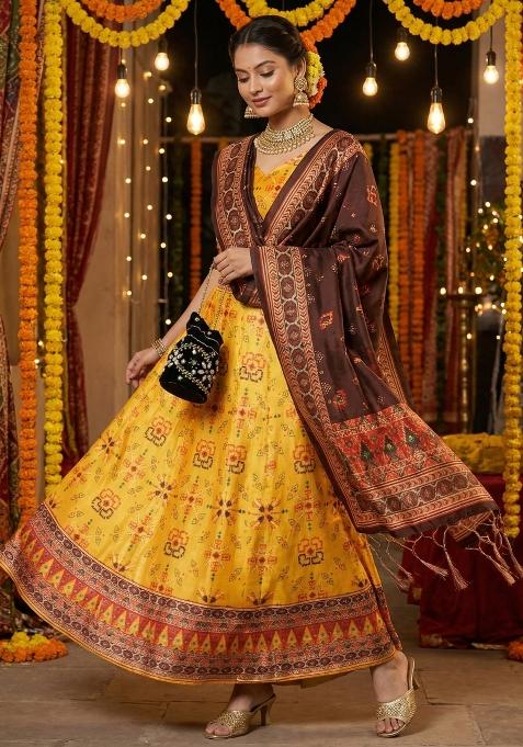 Yellow Printed Satin Lehenga Set