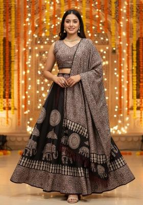 Black Printed Rayon Lehenga Set