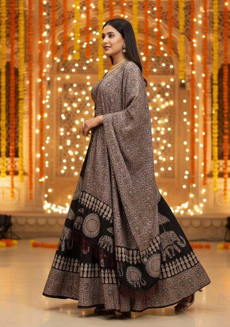 Black Rayon Lehenga Set with Printed for Diwali | Wedding & Festive Wear - Indya