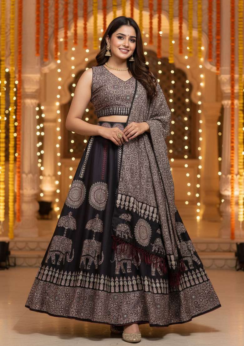 Black Rayon Lehenga Set with Printed for Diwali | Wedding & Festive Wear - Indya