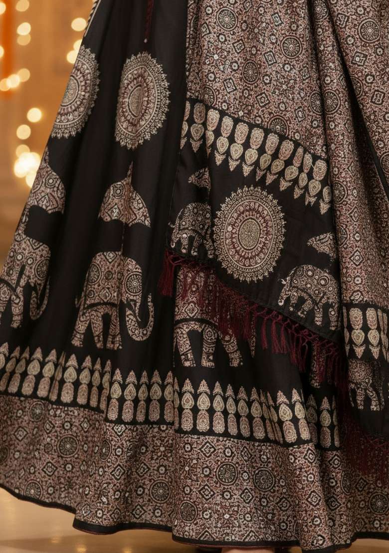 Black Rayon Lehenga Set with Printed for Diwali | Wedding & Festive Wear - Indya