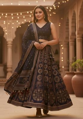 Black Printed Rayon Lehenga Set