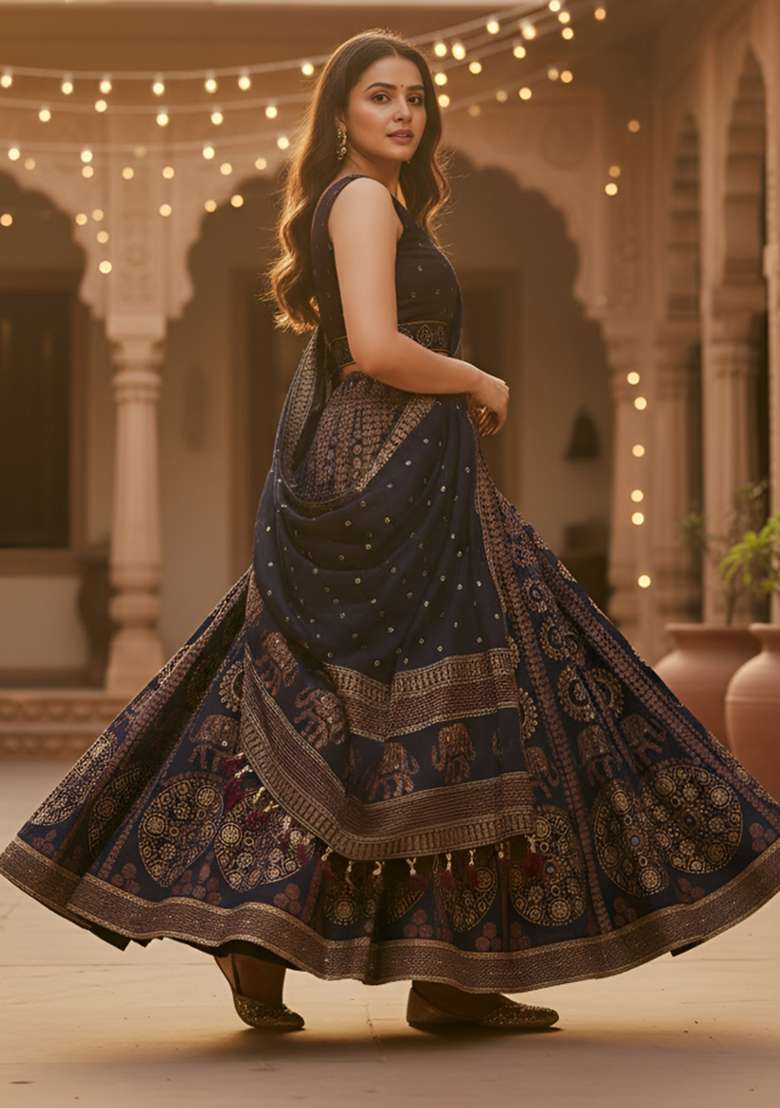 Black Printed Rayon Lehenga Set for Diwali and Festive Wear - Indya