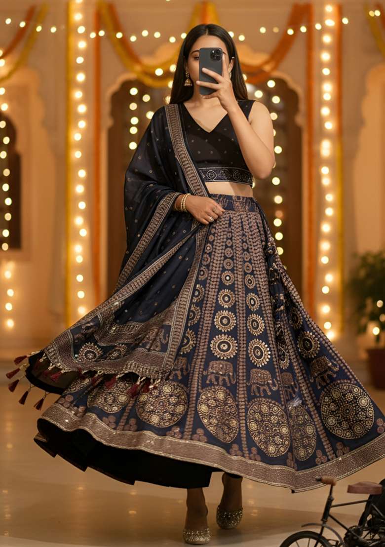 Black Printed Rayon Lehenga Set for Diwali and Festive Wear - Indya