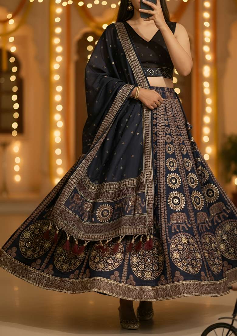 Black Printed Rayon Lehenga Set for Diwali and Festive Wear - Indya