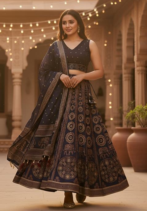 Black Printed Rayon Lehenga Set
