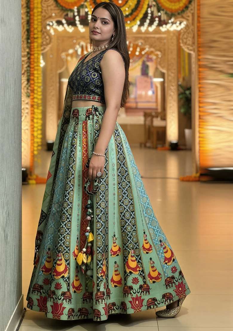 Olive Rayon Lehenga Set with Printed for Diwali | Wedding & Festive Wear - Indya