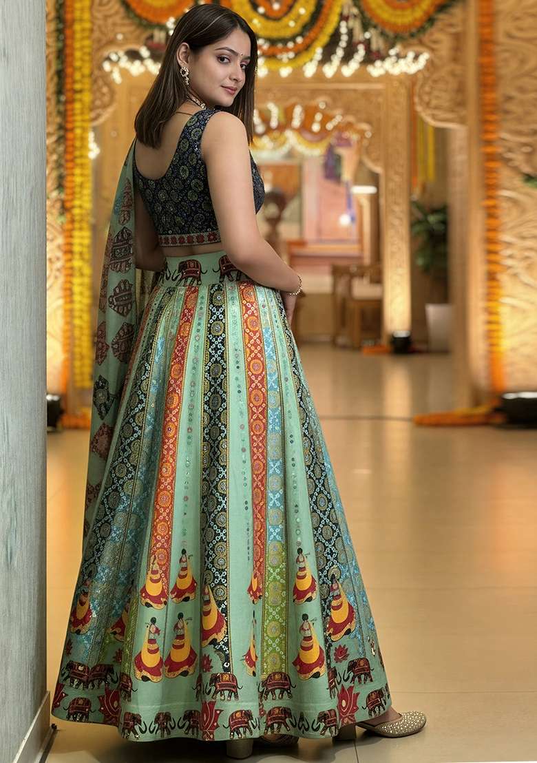 Olive Rayon Lehenga Set with Printed for Diwali | Wedding & Festive Wear - Indya