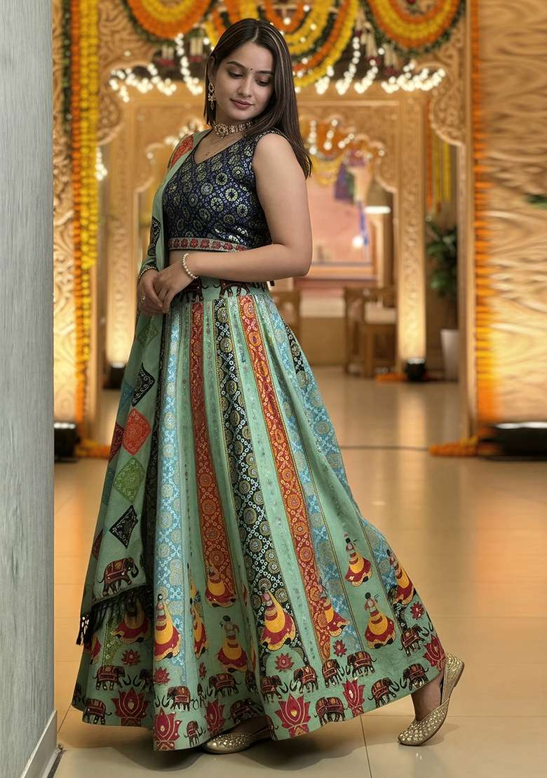 Olive Rayon Lehenga Set with Printed for Diwali | Wedding & Festive Wear - Indya