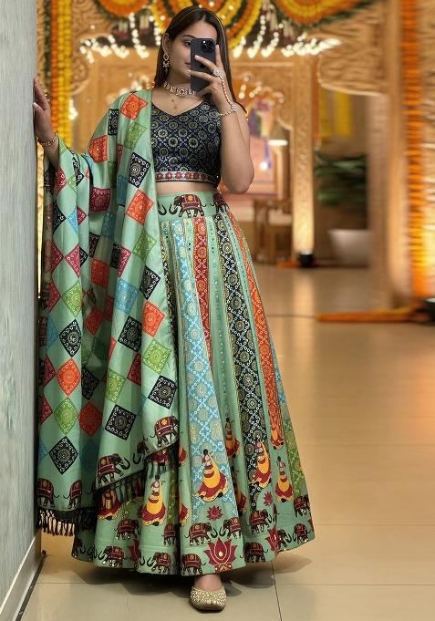 Olive Printed Rayon Lehenga Set