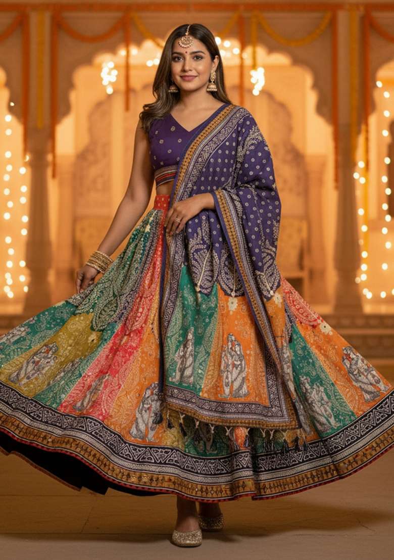 Multicolor Rayon Lehenga Set with Printed for Diwali | Wedding & Festive Wear - Indya