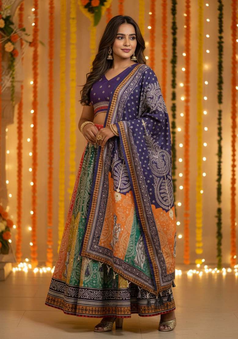Multicolor Rayon Lehenga Set with Printed for Diwali | Wedding & Festive Wear - Indya