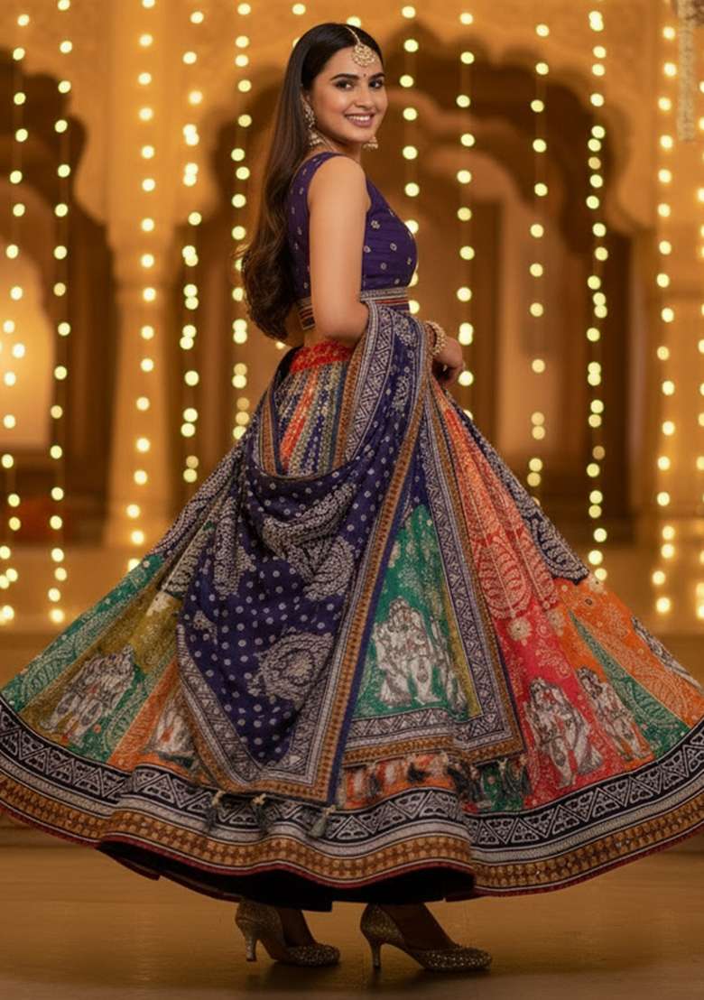 Multicolor Rayon Lehenga Set with Printed for Diwali | Wedding & Festive Wear - Indya