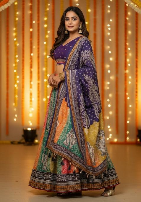 Multicolor Printed Rayon Lehenga Set