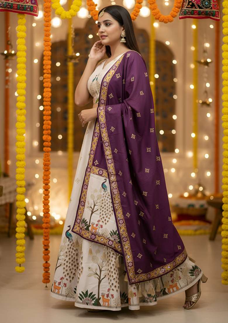 Cream Rayon Lehenga Set with Printed for Diwali | Wedding & Festive Wear - Indya