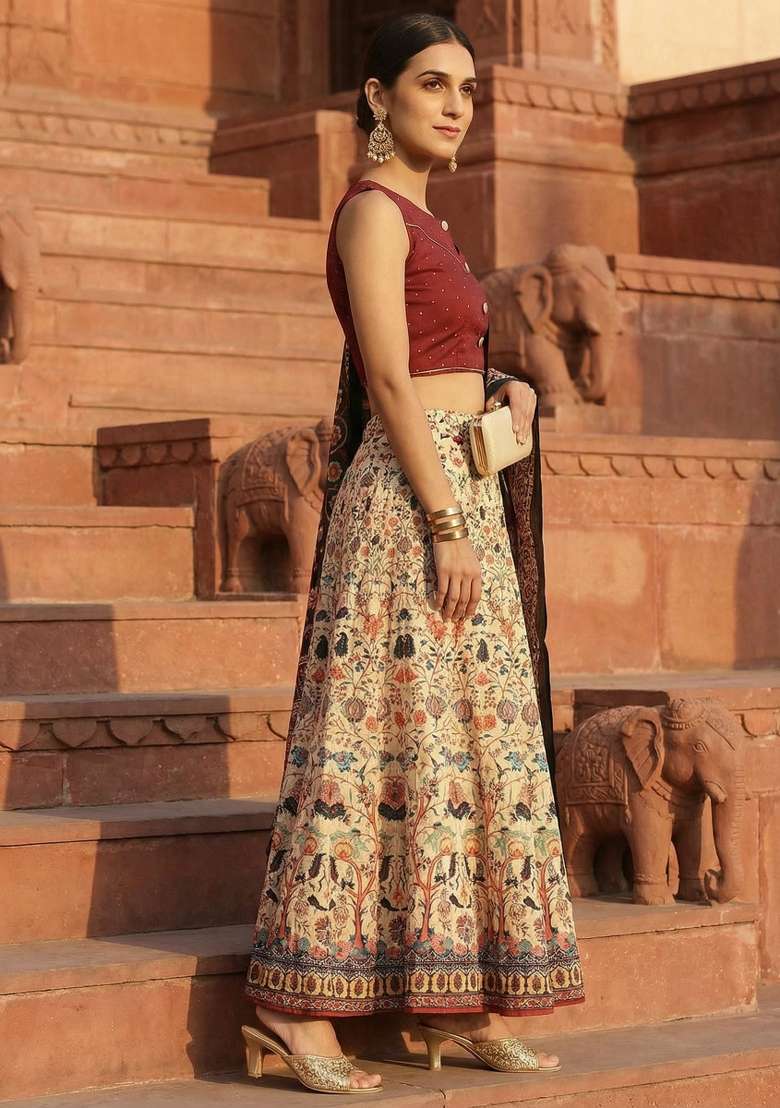 Maroon Satin Lehenga Set with Printed for Diwali | Wedding & Festive Wear - Indya
