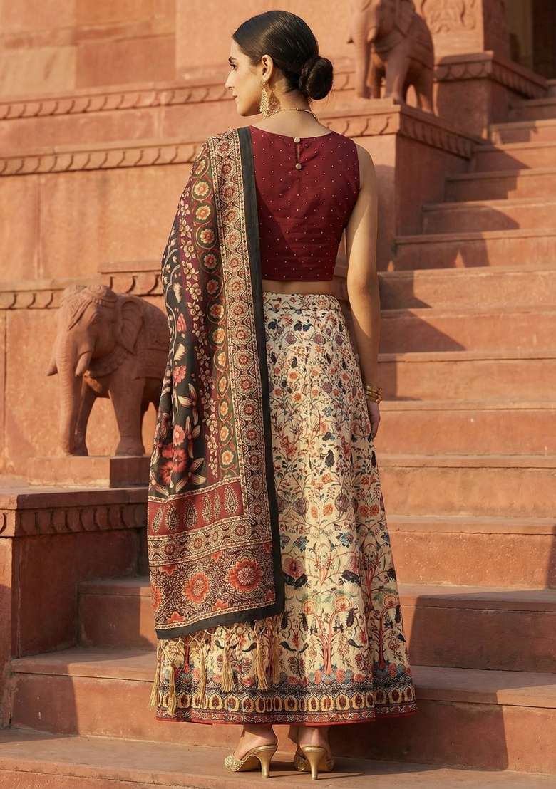 Maroon Satin Lehenga Set with Printed for Diwali | Wedding & Festive Wear - Indya