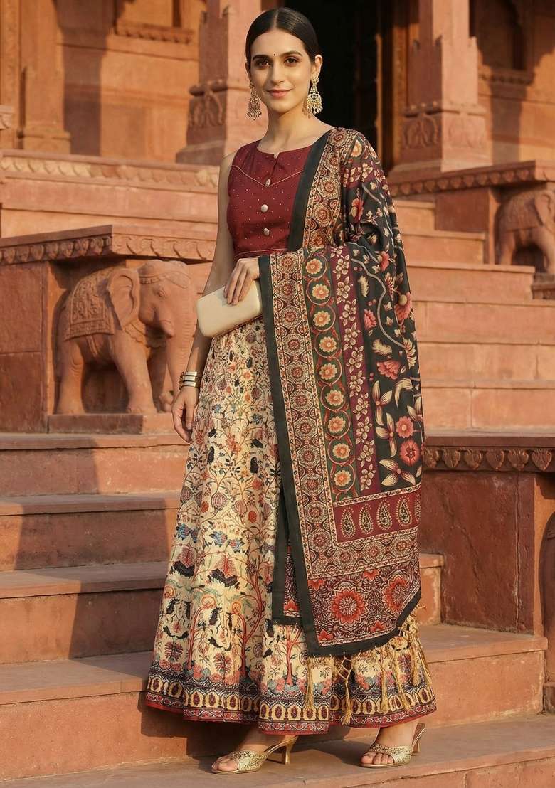 Maroon Satin Lehenga Set with Printed for Diwali | Wedding & Festive Wear - Indya