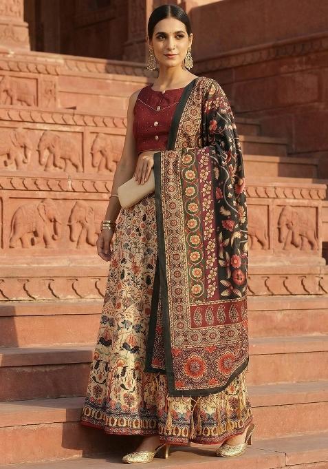 Maroon Printed Satin Lehenga Set