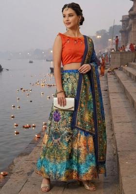 Orange Printed Satin Lehenga Set