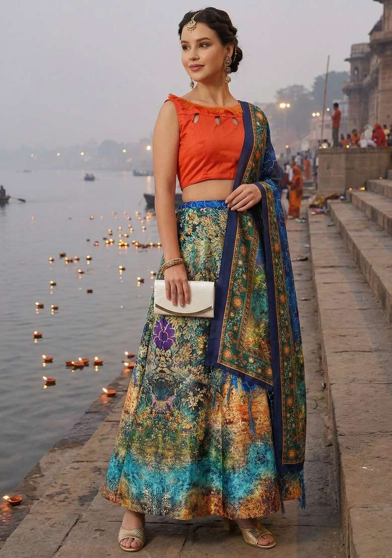 Orange Satin Lehenga Set with Printed for Diwali | Wedding & Festive Wear - Indya