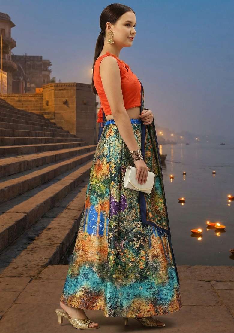 Orange Satin Lehenga Set with Printed for Diwali | Wedding & Festive Wear - Indya