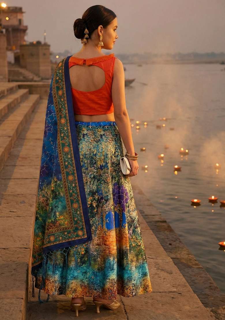 Orange Satin Lehenga Set with Printed for Diwali | Wedding & Festive Wear - Indya