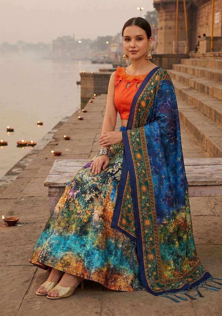 Orange Satin Lehenga Set with Printed for Diwali | Wedding & Festive Wear - Indya