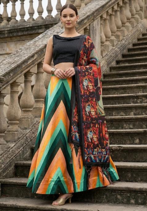 Black Printed Satin Lehenga Set