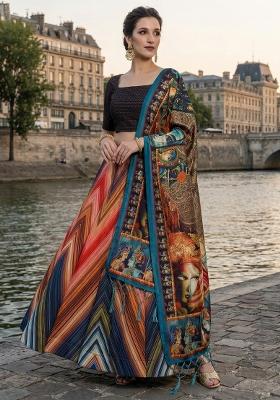 Black Printed Satin Lehenga Set