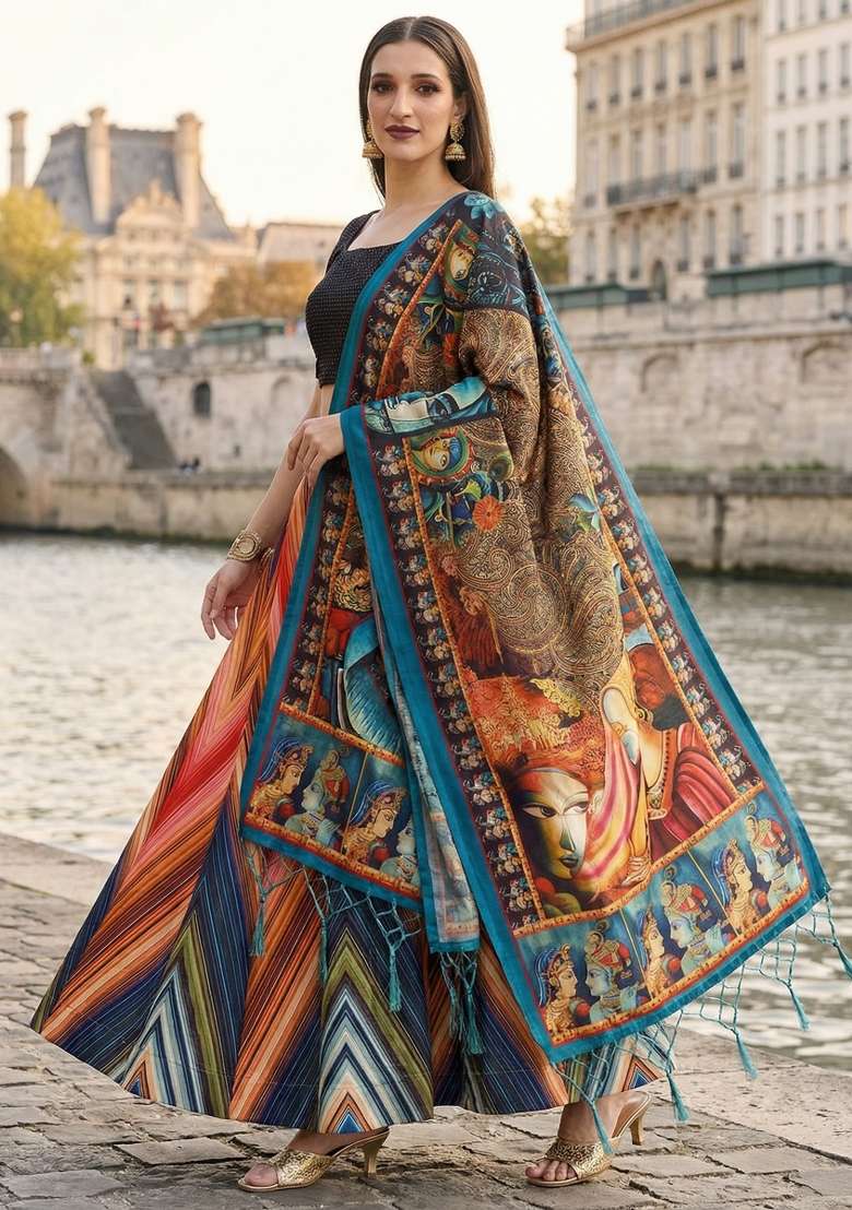 Black Printed Satin Lehenga Set for Diwali and Festive Wear - Indya