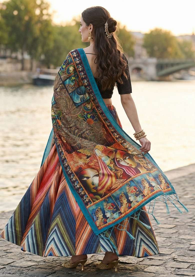 Black Printed Satin Lehenga Set for Diwali and Festive Wear - Indya