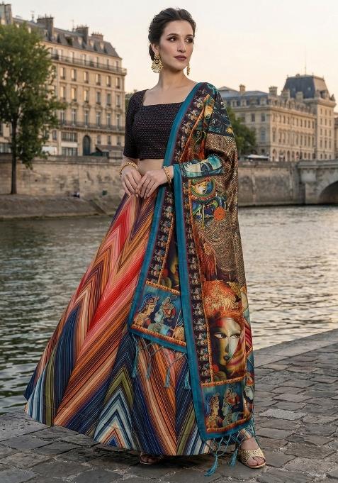 Black Printed Satin Lehenga Set