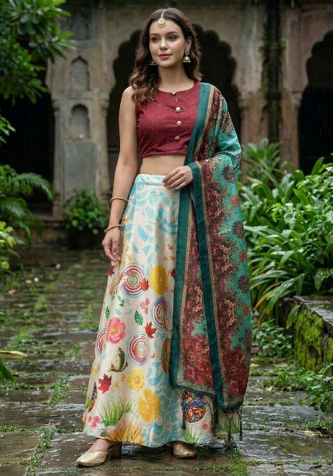 Blue Printed Satin Lehenga Set