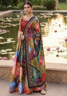 Red Printed Satin Lehenga Set