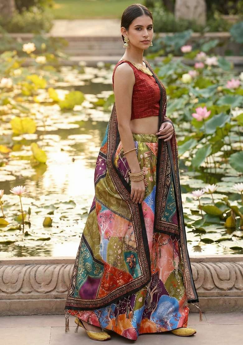 Red Satin Lehenga Set with Printed for Diwali | Wedding & Festive Wear - Indya