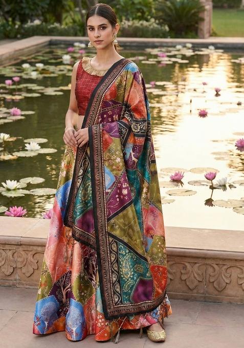Red Printed Satin Lehenga Set