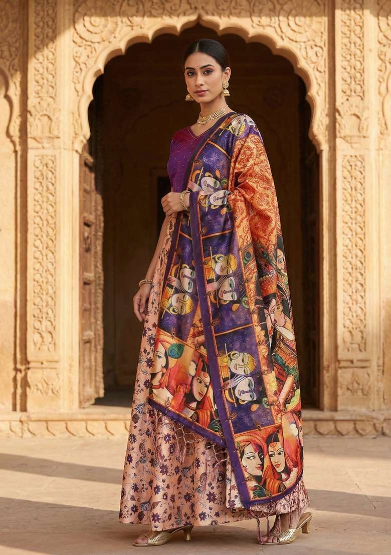 Peach Printed Satin Lehenga Set for Diwali and Festive Wear - Indya