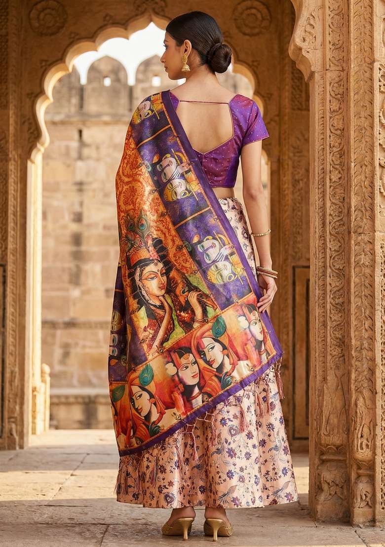 Peach Printed Satin Lehenga Set for Diwali and Festive Wear - Indya