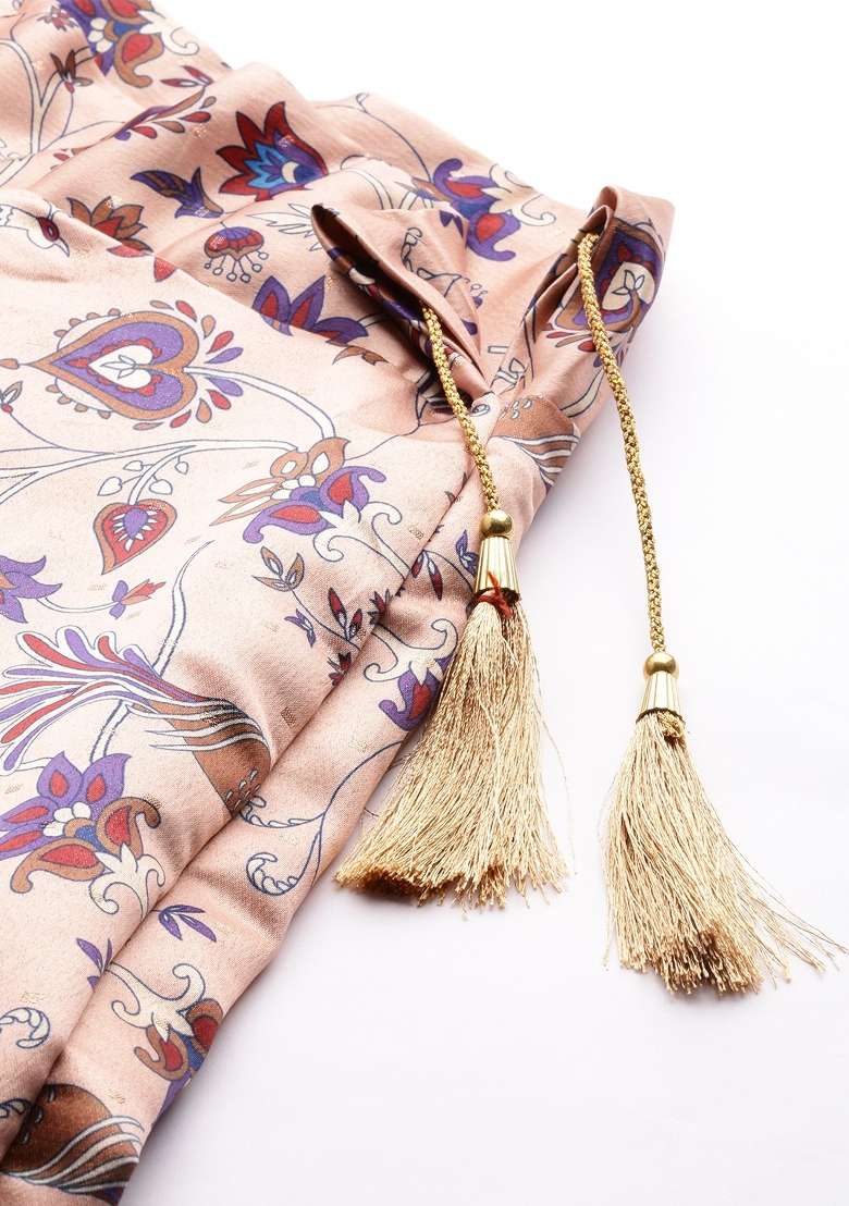 Peach Printed Satin Lehenga Set for Diwali and Festive Wear - Indya