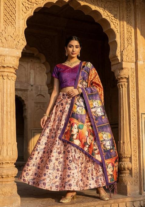 Peach Printed Satin Lehenga Set
