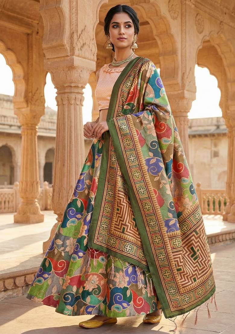 Peach Satin Lehenga Set with Printed for Diwali | Wedding & Festive Wear - Indya