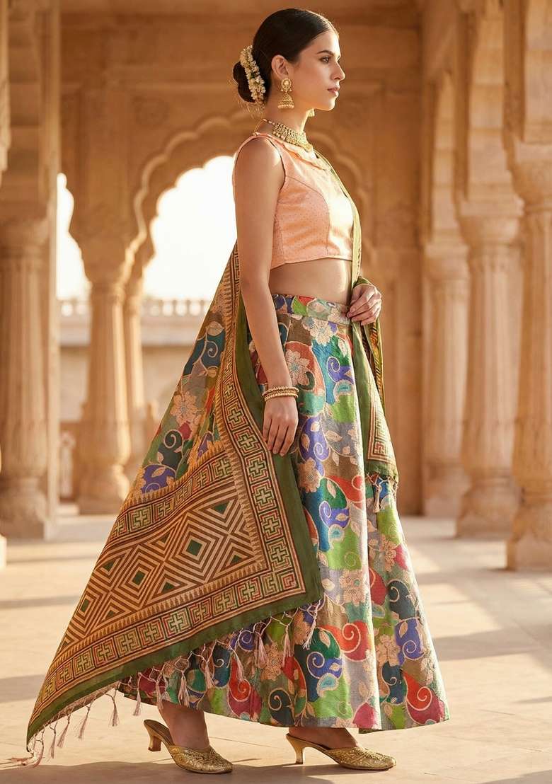 Peach Satin Lehenga Set with Printed for Diwali | Wedding & Festive Wear - Indya