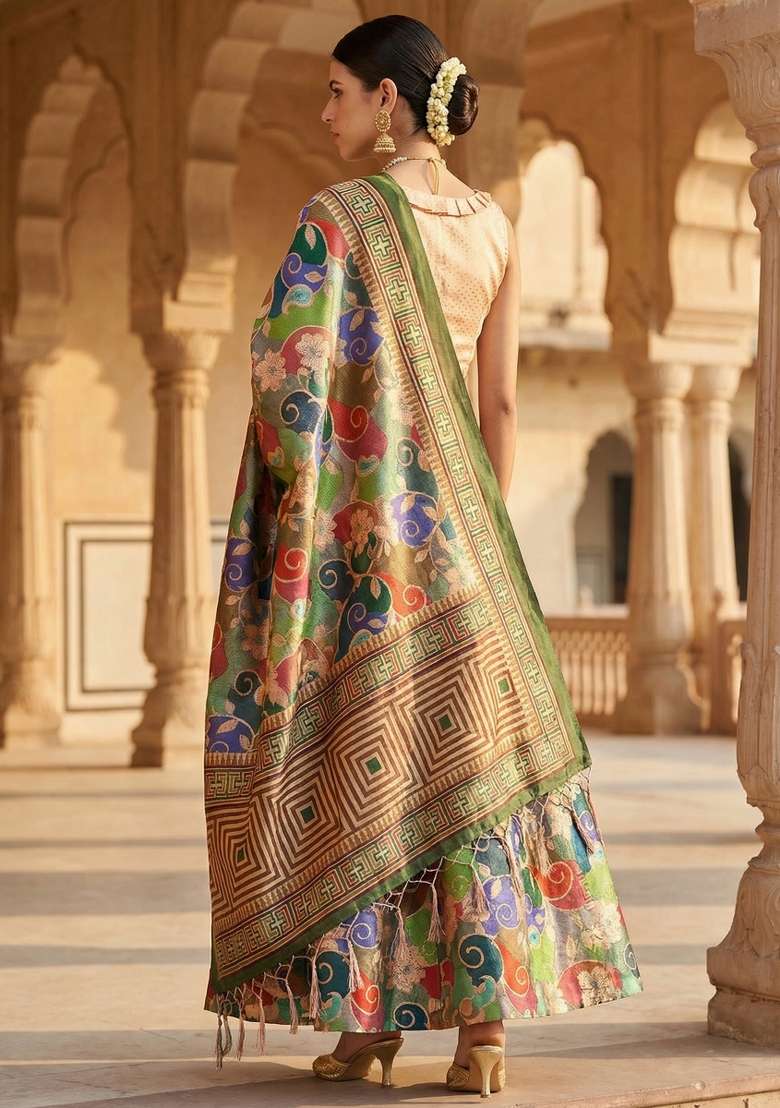 Peach Satin Lehenga Set with Printed for Diwali | Wedding & Festive Wear - Indya