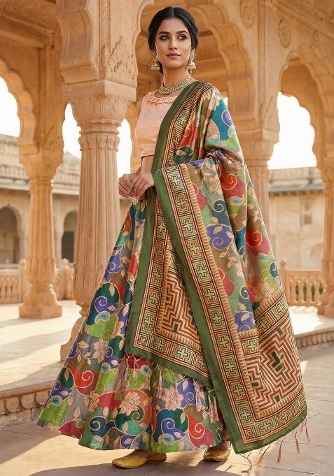 Peach Printed Satin Lehenga Set