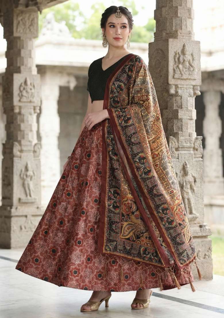 Black Printed Satin Lehenga Set for Diwali and Festive Wear - Indya