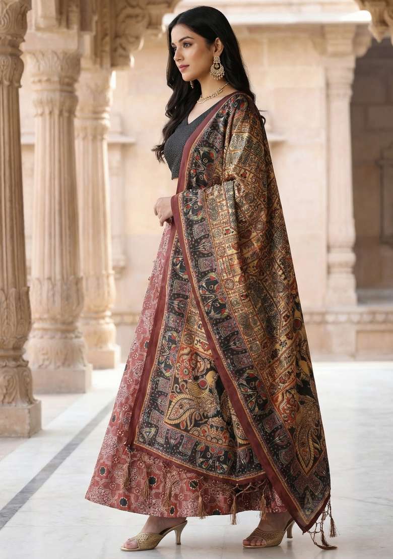 Black Printed Satin Lehenga Set for Diwali and Festive Wear - Indya